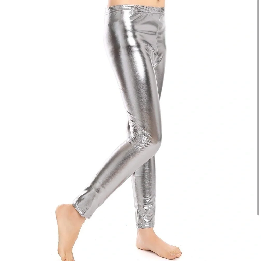 Girls' silver Metallic disco Shiny Stretch Leggings size medium
